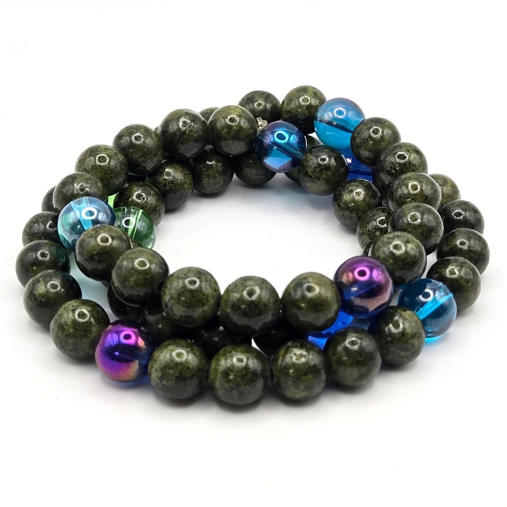 Green Serpentine 10mm Bead Stretch Wrap Bracelet with Iridescent Glass Accents